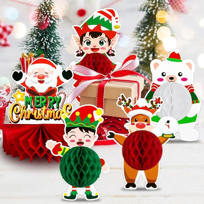 13PCS Christmas Party Decorations, Christmas Honeycomb Centerpieces For Tables, Xmas 3D Table Decorations with Santa Claus Snowman for Merry Christmas Party Supplies Indoor Home Holiday Sign