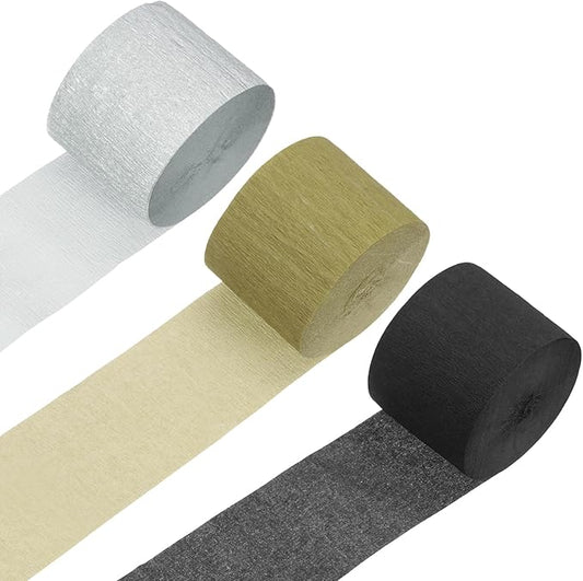 MECCANIXITY 3 Roll 246 ft Crepe Paper Streamers, Wedding Decoration Streamers Party Decoration for Wedding Valentine's Day Festival Backdrop, Black,Gold,Silver