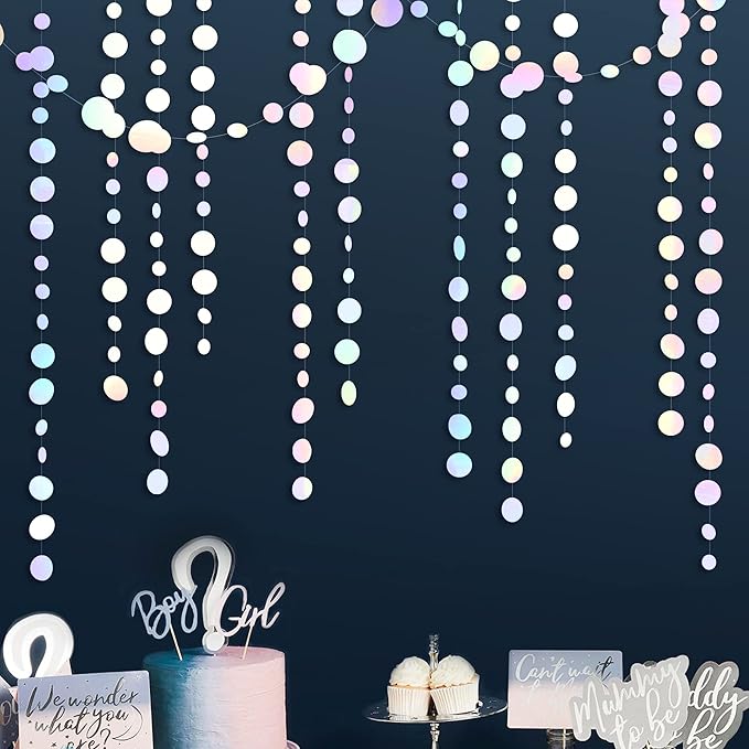 46 Ft White Iridescent Circle Dots Garland Hanging Holographic Polka Dots Streamer for Birthday Bachelorette Engagement Wedding Bridal Shower Galaxy Pastel Winter Christmas Party Decorations Supplies