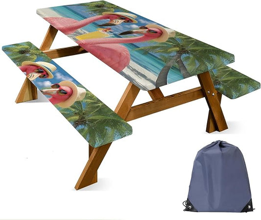 ANNA QUEEN Summer Flamingos Summer Flower Picnic Table Cover 6FT with Bench Covers Picnic Table Cover Set 3PCS 72"x30", Outdoor Bench and Tablecloth Furniture Protection