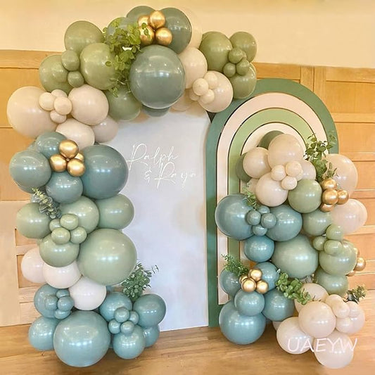 Dusty Green Blue Balloon Garland Arch Kit-136Pcs Ash Mist Green Haze Fog Blue Sand White Gold Balloons for Neutral Boho Baby Bridal Shower Wedding Birthday Party Decorations