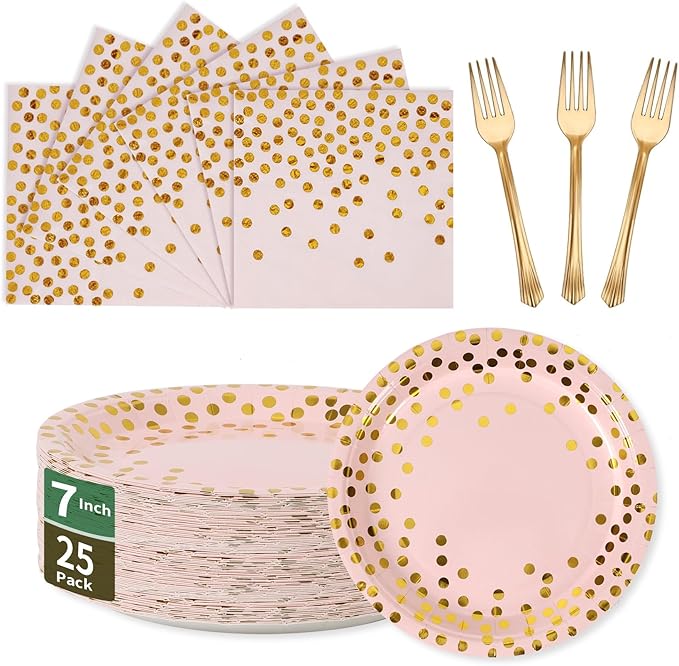Pink and Gold Paper Plates and Napkins Party Supplies,25 x 7''Dessert Plates & 25 x 6.5''Napkins & 25 x 7.3''Forks,Disposable Paper Tableware Set for Baby Showers,Birthday,Wedding(Serve 25)