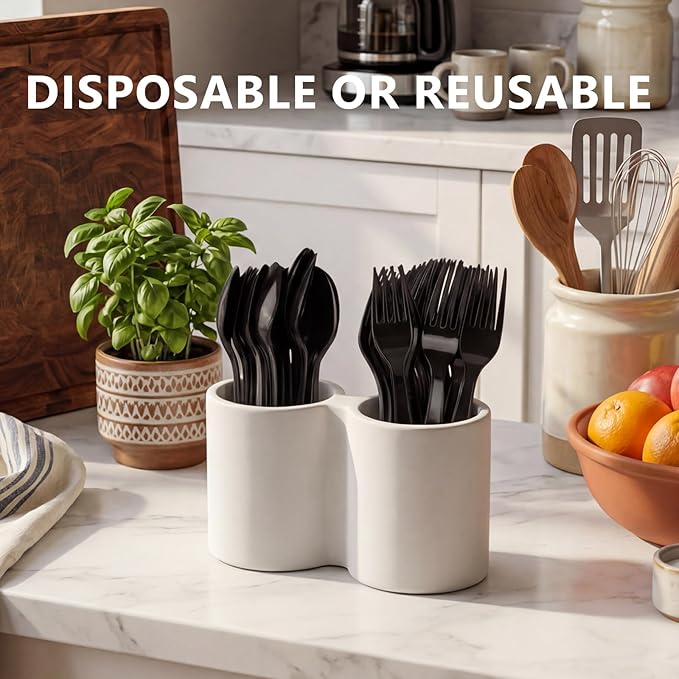 SACATR 1000 Count Black Plastic Cutlery Set (500 Spoons 500 Forks) Heavy Duty Disposable Bulk Silverware for Restaurant Catering Events