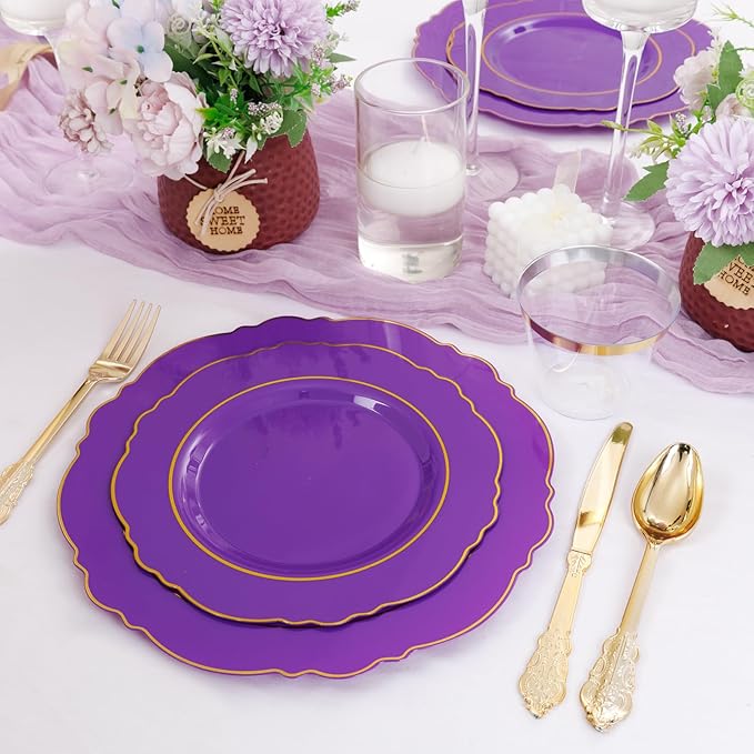 Liacere 350PCS Purple Plastic Plates-Disposable Purple and Gold Plates 50 guest Baroque Plastic Dinnerware include 100Plates,50Pack Pre Rolled Napkins with Silverware 50Cups for Halloween