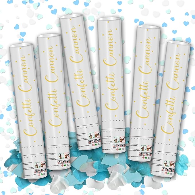 12" Confetti Cannons with Blue & White Heart Filling - Party Poppers for Gender Reveal Baby Shower Bridal Shower Valentine Wedding Anniversary - Easy to Use,Biodegradable Confetti - Pack of 6