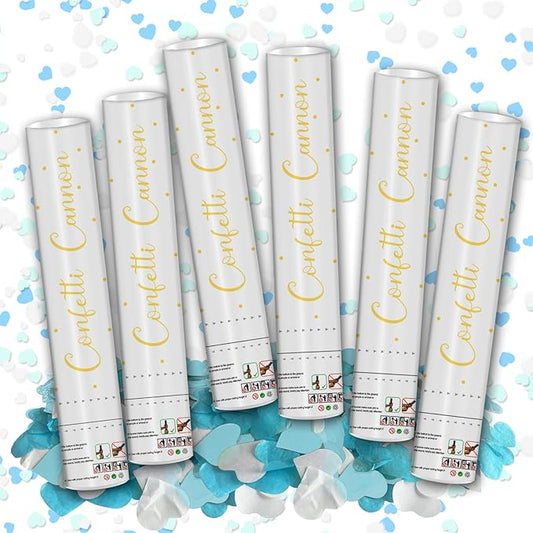 12" Confetti Cannons with Blue & White Heart Filling - Party Poppers for Gender Reveal Baby Shower Bridal Shower Valentine Wedding Anniversary - Easy to Use,Biodegradable Confetti - Pack of 6