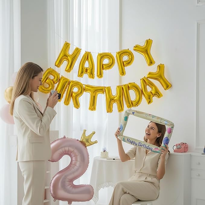Gold Happy Birthday Banner Foil Letter Balloon, 14 Inch 3D Reusable Inflatable Mylar Balloon Foil Sign, Birthday Decorations for Women Men Boys Girls Kids (Birthday Banner 2)
