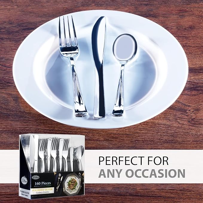960 Piece Silver Plastic Silverware, Extra Heavyweight Disposable Cutlery Set, Full Size Silver Flatware Combo, 480 Forks 240 Spoons 240 Knives, Bulk Party & Wedding Utensils