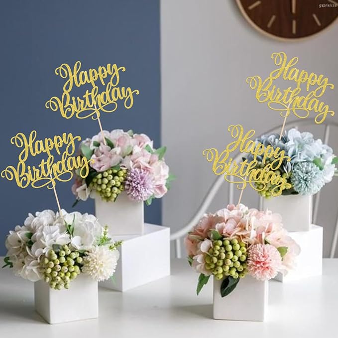 12 PCS Happy Birthday Centerpiece Sticks Double Sided Glitter Birthday Party Table Flower Centerpieces Anniversary Floral Decorations for Celebrating Birthday Party Centerpieces Supplies Gold