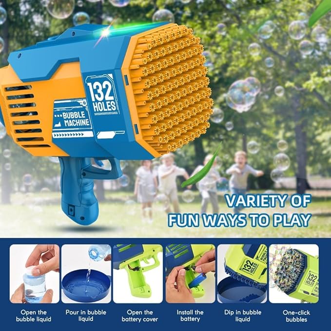 Upgraded 132 Holes Bubble Machine Gun,Bazooka Bubble Machine,Rocket Bubble Gun Bubble Machine,Summer Toys Bubble Blaster Maker for Kids, Wedding,Birthday Gift (Blue)