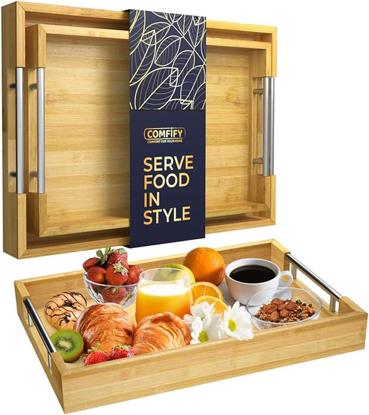 Comfify Decorative Bamboo Serving Trays with Silver Stainless Steel Handles – 2-Piece Set for Coffee Table, Ottoman, Breakfast in Bed, Jewelry & Decor Organization – 12"x17" – Pure Bamboo Finish