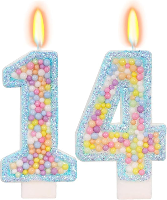 Blue Birthday Candles - Number 14 Candle, Colorful Macaron Candles, 14 Birthday Decorations for Girls Boys, Cake Decorations, Theme Party Supplies (Blue)