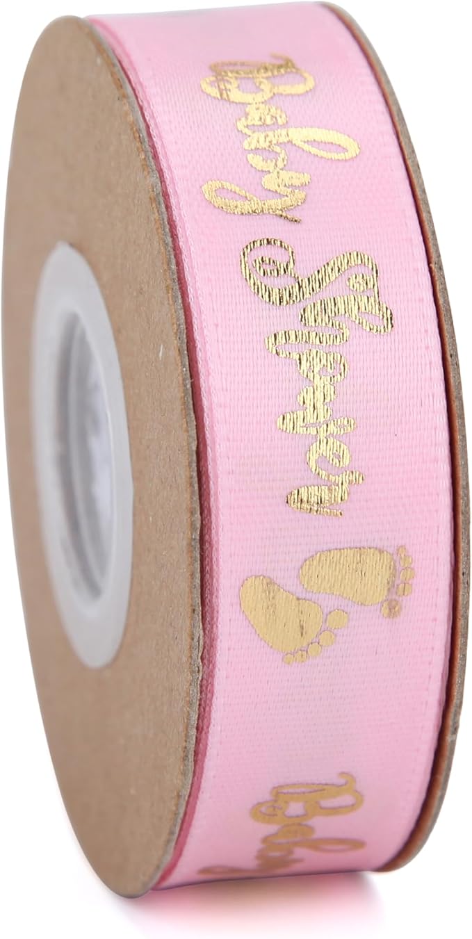 Meseey 20 Yards Baby Ribbon Foot Print Pink and Gold Ribbons for Crafts Cake Baby Shower Birthday,Gift Wrapping, Party Decoration (2 roll Pink)