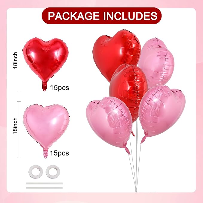 TONIFUL 30Pcs 18 Inch Red Pink Heart Balloons Valentine’s Day Heart Shape Foil Mylar Balloons Decoration for Romantic Valentine's Day Wedding Bridal Shower Anniversary Engagement Party Supplies