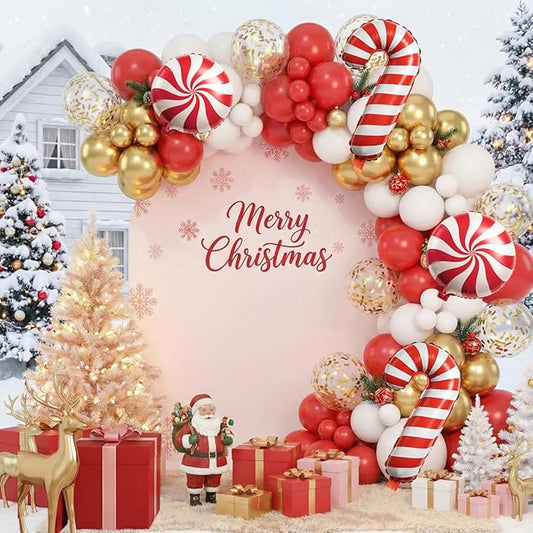 128PCS Christmas Balloon Arch Garland Kit - Red White Gold Balloons with Candy Cane Balloons for Merry Christmas Decorations, Winter Party Supplies, Xmas Balloon Arch