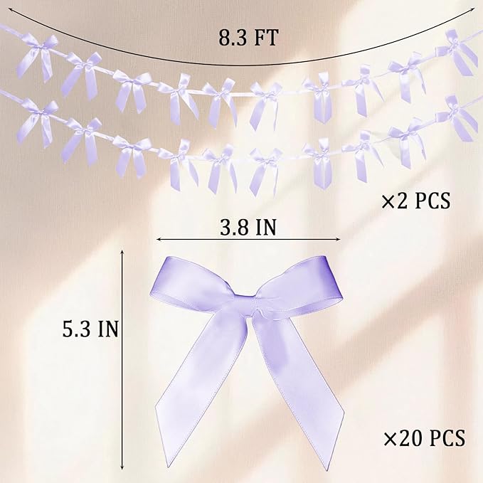 2pcs Lilac Bow Garland Banner - 8.3 Feet Coquette Ribbon Bow Decorations for Baby Shower, Birthday Party, Bridal Shower Decor (Purple)