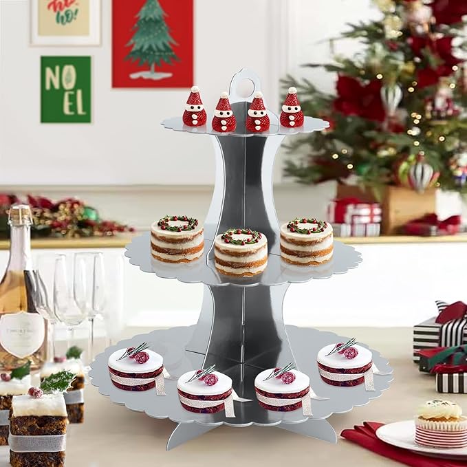 Soleebee 3-Tier Cupcake Stand, Cardboard Cupcake Tower, Dessert Cup Cake Stand Tower for Birthday Wedding Party Decoration, Cupcake Tier Stand 2 Set (Silver)