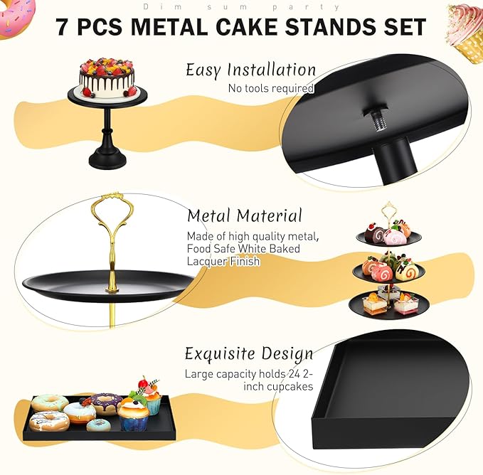 Tioncy 7 Pcs Cake Stand Set Metal Cupcake Holder Dessert Table Display Cupcake Display Plate Serving Platter Dessert Table Stands and Trays Set for Baby Shower Wedding Birthday Xmas Party (Black)