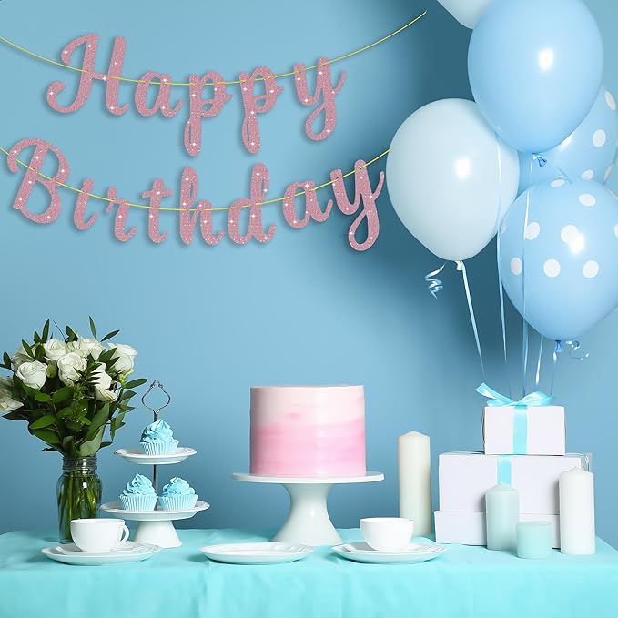Pre-Strung Glitter Happy Birthday Banner Signs Birthday Garlands Banners Flag for Women Men Party Backdrop Decorations Pink