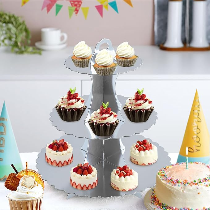 Soleebee 3-Tier Cupcake Stand, Cardboard Cupcake Tower, Dessert Cup Cake Stand Tower for Birthday Wedding Party Decoration, Cupcake Tier Stand 1 Set (Silver)