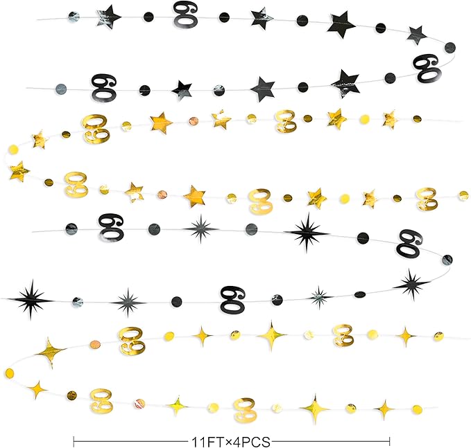 Black Gold 60th Birthday Decorations Number 60 Circle Dot Twinkle Star Garland Metallic Streamer Bunting Banner Backdrop for Mens Cheers to 60 Year Old Happy 60th Birthday Anniversary Party Supplies
