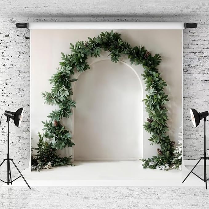 Kate Christmas Arch Door Backdrop Christmas Trees White Wall Background Dark Green Plant Photo Background Studio Props,6.5x6.5ft