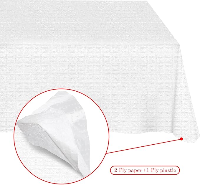 Disposable Tablecloths White Paper Table Cloth for Rectangle Tables 12 Pack,3 Ply Paper & Plastic Table Cloth for Parties,54 x 108 Inch Birthday Table Cover Outdoor Wedding Banquet Tablecover