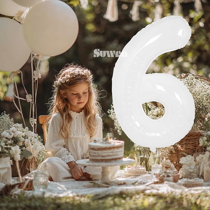 SUWEN 40 Inch White Large 6 Balloon Number Big Foil Helium Number Balloons 0-9 Giant Jumbo Happy 6th Birthday Party Decorations for Boy or Girl Huge Mylar Anniversary Party Supplies
