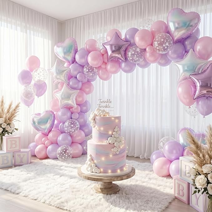 Pink and Purple Balloons, Pastel Pale Pink Light Purple Lilac Transparent Star Latex Balloon With Iridescent Heart Lavender Star Foil Balloons for Kpop Birthday Party Baby Shower Princess Decorations