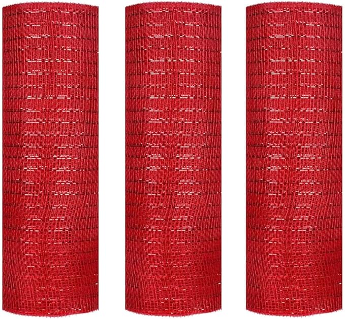 3 Rolls Red Deco Mesh Ribbon for Wreath Making Supplies, 10 Inch x 30FT Metallic Foil Burlap Deco Mesh Fabric for Fall Thanksgiving Halloween Christmas Wreath Swags and Decorating