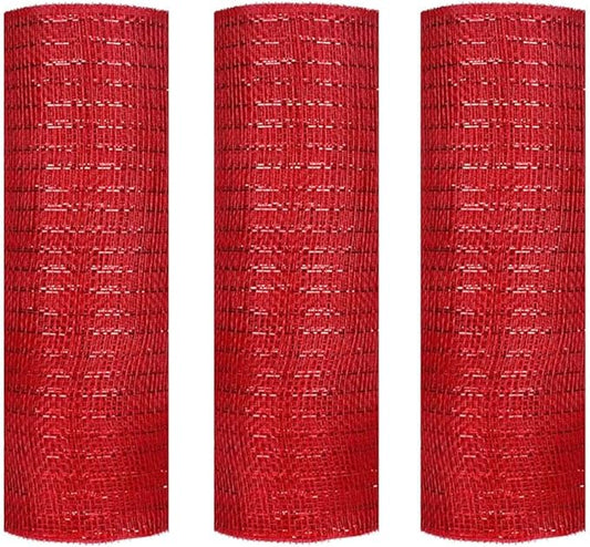 3 Rolls Red Deco Mesh Ribbon for Wreath Making Supplies, 10 Inch x 30FT Metallic Foil Burlap Deco Mesh Fabric for Fall Thanksgiving Halloween Christmas Wreath Swags and Decorating