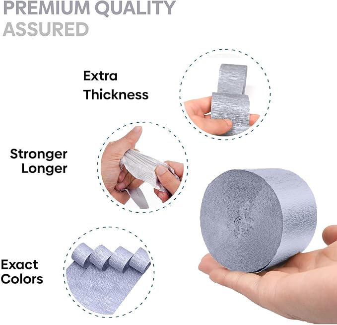 Captain Décor 4 Crepe Paper Streamers Rolls, 328ft Pack of 4 Silver Streamers for Party Decorations, Birthday Streamers, Party Streamers for Wedding Decoration (1.8 inch x 82 ft/Roll)…