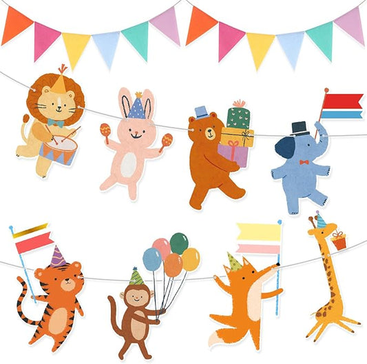 2 Pcs Animal Parade Party Banner Set Animals Flag Colorful Pennant Flags for Birthday Hanging Garland Decorations Baby Showers Zoo Jungle Themed Parties Supply