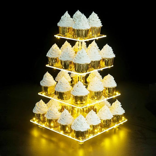 Cupcake Stand, Elegant Cupcake Holder with Brighter Yellow LED String Light, Clear 4-Tier Square Acrylic Cupcake Tower for Wedding, Birthday, Baby Shower, Party