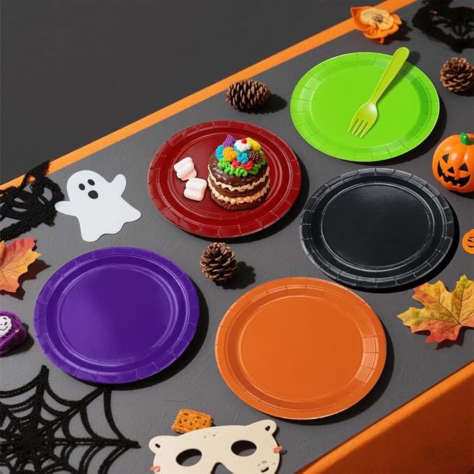 50Pcs Halloween Plates - 9” Black Red Orange Green Purple Round Bulk Dinner Plates for Holiday Picnic Celebrations Halloween Party Decorations