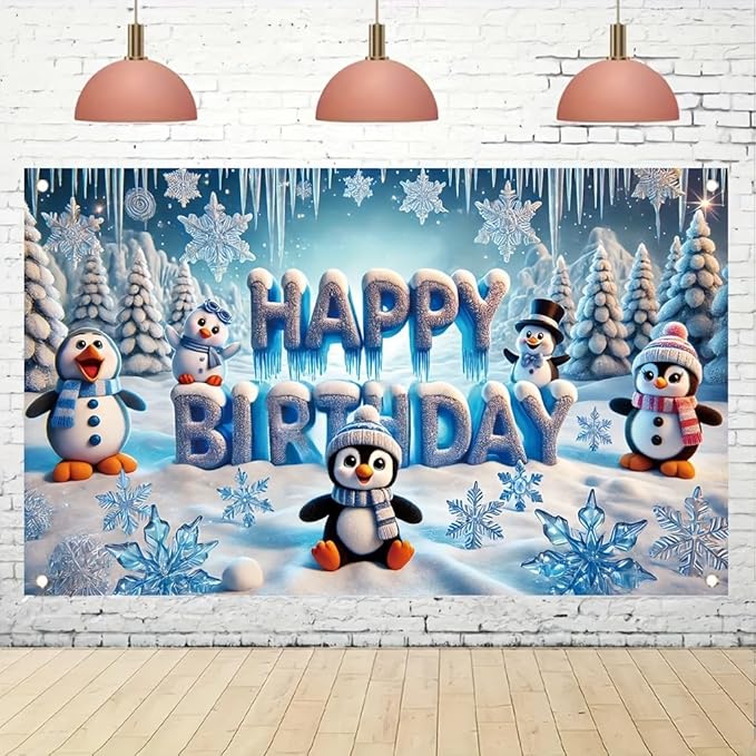 Winter Penguin Happy Birthday Party Banner 71X43INCH Double Sided Outdoor Yard Signwith Snowflakes LCE and Cute Penguins for Winter Wonderland Birthday Party Decoration