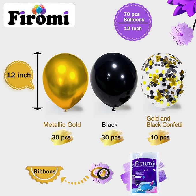 Firomi Metallic Chrome Gold Black Latex Balloons 12 Inch 70 pack Black and Gold Confetti Balloons Set for Graduation Birthday Wedding Party (with 2 Ribbons)