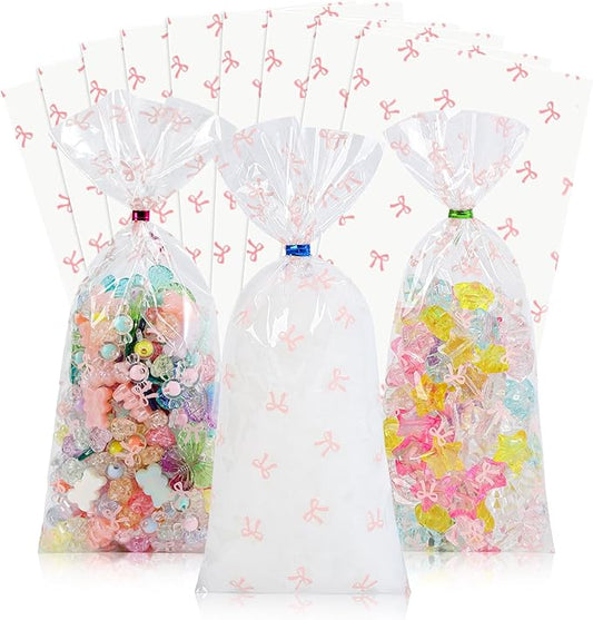 Docvania Cello Cellophane Treat Gift Bags Pink bow Cookie Bags 100 pcs 4 X 9 Goodie Bag with Ties for Mother's Day, Valentine's Day and Parties, Weddings