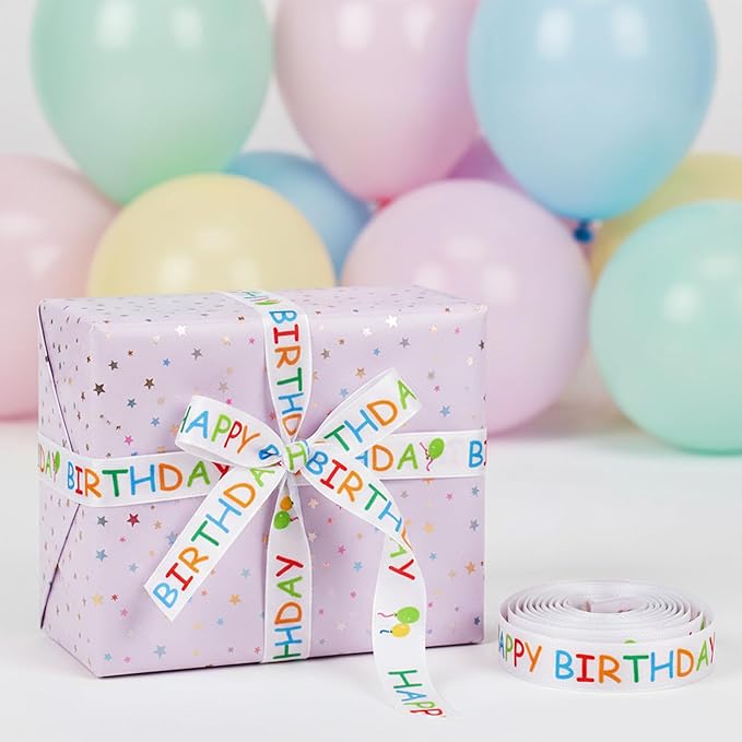 Happy Birthday Ribbon Roll for Gift Wrapping, 15 mm x 30 ft White Printed Birthday Gift Ribbon for Crafts, Party Decorations, Bouquets, Bows and Cake Table Accents