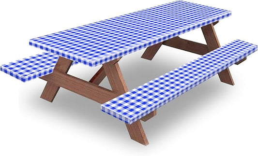 7ft Picnic Table and Bench Cover, Camping Essentials RV Gear, 84 in Waterproof Windproof Outdoor Elastic All Around Tablecloth, Fitted Rectangle Tables and Seats, Blue-White Checkered