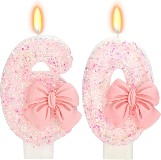 60th Birthday Candles for Cake, Pink Bow Number Cake Candles, 2.76 inch Number Happy Birthday Candle, Cake Topper Decoration for Birthday Party (Number 60)