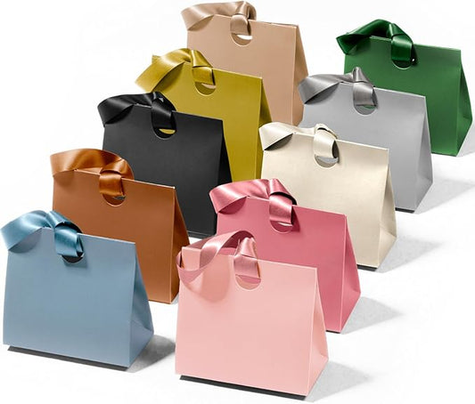 Vitalizart Paper Gift Bags With Ribbon Handles Set of 10 Assorted Colors Bulk Reusable For Gift Wrap Girls Kids Birthday Bridal Shower Party Favors Goodie Bags Candy Christmas 9.84"x4.33"x8.66" Medium