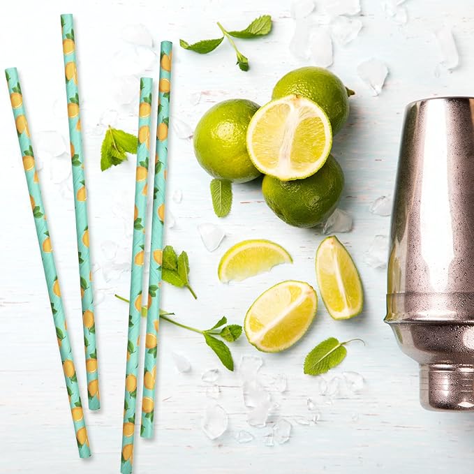 Whaline 200Pcs Watercolor Lemon Paper Straws Summer Disposable Drinking Straws Lemon Party Decorative Straw for Spring Summer Birthday Baby Shower Juices Shakes Cocktails Decorations