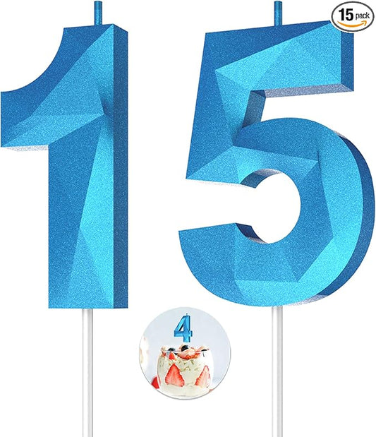 Number Birthday Candles(15 Candle Blue) 3D Diamond Shape Number Happy Birthday Cake Candles for Birthday Party Wedding Decoration Reunions Theme Party