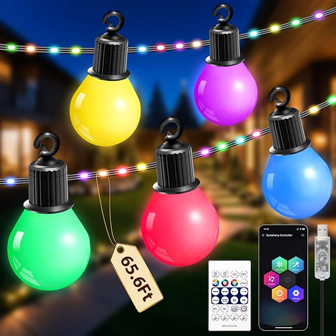 Smart Outdoor String Lights, 65.6Ft RGBIC Color Changing LED Patio Light IP67 Waterproof with 26 G40 Bulbs,App Control,Remote,Music Sync Outdoor Hanging Lights USB Plug-in for Garden Yard Camper Party