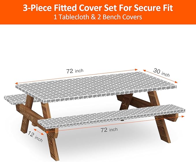 6ft Picnic Table and Bench Cover, Camping Essentials RV Gear, 72in Waterproof Windproof Outdoor Elastic All Around Tablecloth, Fitted Rectangle Tables and Seats, Gray-White Moroccan