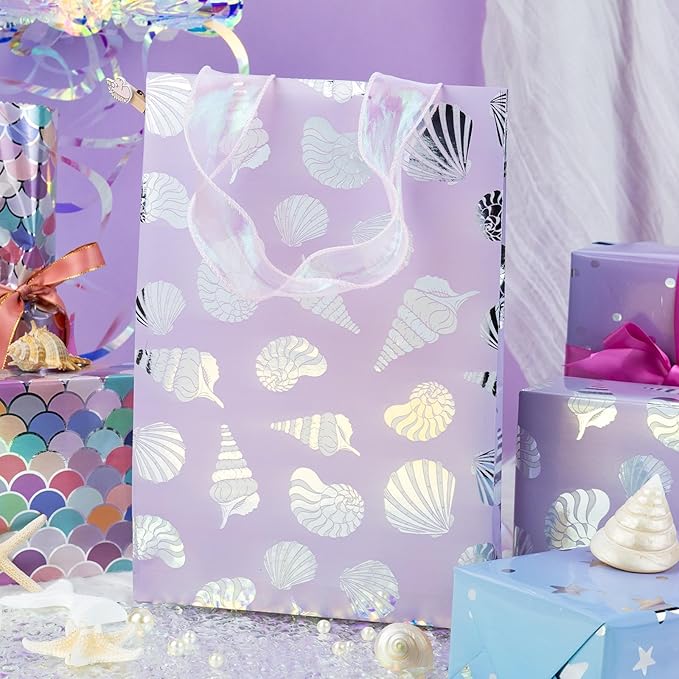 MAYPLUSS Purple Mermaid Wrapping Paper, Birthday Girl Wrapping Paper, Metallic Foil Mermaid Scale Scallop Pattern Ocean Gift Wrap for Girls,Kids, Baby Shower (Mini Roll, 17 Inch x 120 Inch Per Roll)
