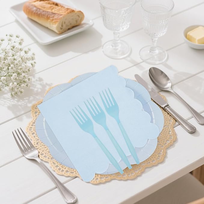 75 PCS Blue Paper Plates and Napkins Party Supplies, Light Blue Scalloped Plates Napkins Forks Disposable Tableware Set for Bridal Baby Shower Wedding Birthday Party Decorations