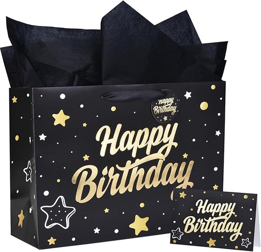 ZGORENDZ 14'' Large Gift Bag Gold Foil Happy Birthday Party Bag with Tissue Paper, Card, Envelope, Gift Tag