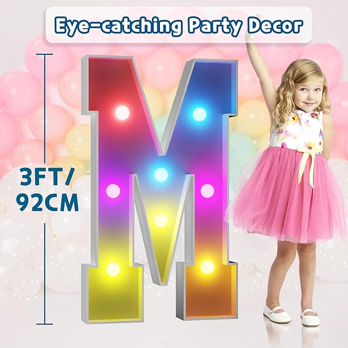 imprsv 3FT Colorful Marquee Letters M, 18 Colors Large Light up Letters Alphabet Sign with Remote, Big Marry Me Sign, Birthday Party Decorations Anniversary Wedding Decoration
